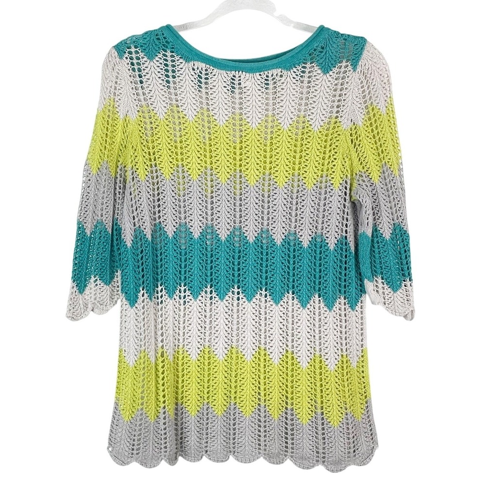 St. John's Bay Women's Blue Lime Green Gray Open Knit Top Sz PL Pullover Summer - Picture 2 of 5